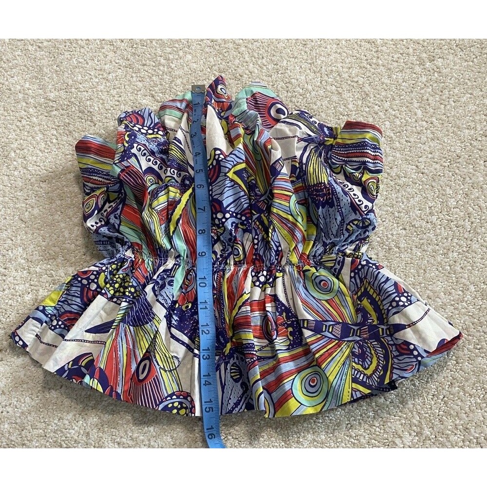 Anthropologie Strapless Smocked Ruffle Blouse Multicolor Cotton Abstract XS - Picture 3 of 10